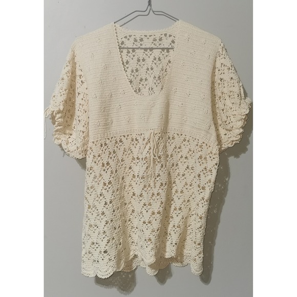 Tops - Vintage Ivory Crochet Top Short Puff Sleeve Boho Floral Open Knit Cream XL